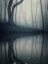 Dark forest scene with eerie lake and fallen leaves Royalty Free Stock Photo