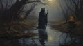 Gothic Eldrich Horror Oil Painting: A Dark Forest Creature By The Stream Royalty Free Stock Photo