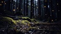 Dark Forest Scene: Luciferin-Infused Fire Bugs Sparkle, Imitating Stars