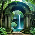 dark forest with stone arch and waterfall in the middle