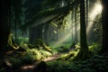 Dark forest with sun rays shining through the trees and mossy rocks Royalty Free Stock Photo