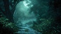 A dark forest with towering trees and a calm stream flowing through it, Peaceful, dark forest with a path lit by moonlight