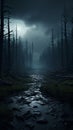 a dark forest with trees and a stream running through it Royalty Free Stock Photo