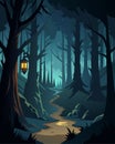 The dark forest was illuminated only by the flickering gaslight casting eerie shadows on the trees and creating an