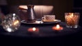 Dark fortune teller room with candles, turk, coffee mug on table