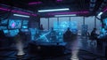 Futuristic control room with multiple monitors and people working image photo Royalty Free Stock Photo