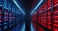 Server Room with Rows of Racks Illuminated by Red and Blue Lights data center technology Royalty Free Stock Photo