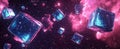 In a dark futuristic cyberspace, digital data blocks, cubes, and particles, energized by cyber technology, form a