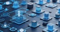 Futuristic digital network with glowing blue data servers and interconnected nodes on a dark background, representing Royalty Free Stock Photo