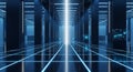 Futuristic Server Room With Blue Neon Grid Floor And Glowing Light Tunnel data center technology Royalty Free Stock Photo