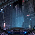 dark futuristic sci fi scene with skyscraper building and mechanical platform or podium background with mechanical details and Royalty Free Stock Photo