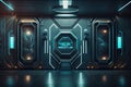 Dark futuristic spaceship interior with glowing neon lights