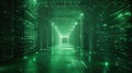 Dark futuristic tunnel background, corridor with green lines of laser light, interior of abstract modern hall or garage. Concept Royalty Free Stock Photo