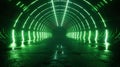 Dark futuristic tunnel with green neon light, inside modern garage or hall, underground room interior. Concept of studio, Royalty Free Stock Photo