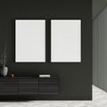 Dark gallery room interior with two empty white posters, sideboard Royalty Free Stock Photo