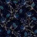 Dark garden night monotone blue color Seamless pattern of soft