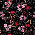 A dark garden Seamless pink floral pattern with blooming ,Flowers on hand drawn on tone polka dot background. Vector summer Royalty Free Stock Photo