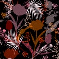 Dark garden of Vector colorful botanic silhouette floral seamless pattern on modern colorful stripe Fill-in, delicate wallpaper,