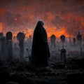 A dark ghostly figure moving through graveyard in the evening. Spooky concept Royalty Free Stock Photo