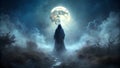 A dark ghostly figure moving through a mist in the moonlight. Spooky Royalty Free Stock Photo
