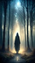 A dark ghostly figure moving through a misty forest in the evening. Royalty Free Stock Photo