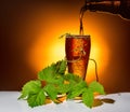 dark glass beer pour with twig of hop on light background, Oktoberfest concept