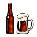 Dark glass bottle and big mug full of beer with foam and bubbles. Vector illustration isolated on white background Royalty Free Stock Photo