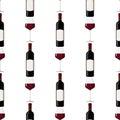 Dark glass bottle and glass of red wine background. Seamless pattern with alcohol drink Royalty Free Stock Photo