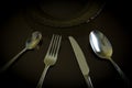 Dark glass plate, silver knife, fork, spoon, teaspoon on the dark reflective backdrop. Royalty Free Stock Photo