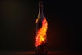 Dark glass wine bottle with fire inside on black background. Generative AI Royalty Free Stock Photo