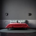 Dark gloomy bedroom with vibrant red color bedspread, noir style, mock-up with negative space