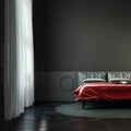 Dark gloomy bedroom with vibrant red color bedspread, noir style, mock-up with negative space