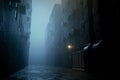 dark gloomy city street at night. background for crime. Evening landscape of city alley. Gloomy sidewalk is there in foggy weather Royalty Free Stock Photo