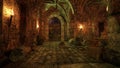 Dark gloomy dungeon in an old medieval castle lit by flaming torches. 3D illustration