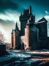 Dark gloomy fictional fantasy medieval fortress in the hills or mountains Royalty Free Stock Photo