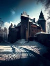 Dark gloomy fictional fantasy medieval fortress in the hills or mountains Royalty Free Stock Photo