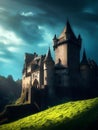 Dark gloomy fictional fantasy medieval fortress in the hills or mountains Royalty Free Stock Photo