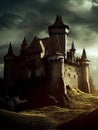 Dark gloomy fictional fantasy medieval fortress in the hills or mountains Royalty Free Stock Photo