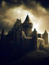 Dark gloomy fictional fantasy medieval fortress in the hills or mountains