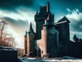 Dark gloomy fictional fantasy medieval fortress in the hills or mountains Royalty Free Stock Photo