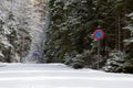 Dark gloomy forest with tall trees and a snowy field with traffic signs meaning no park or stand Royalty Free Stock Photo