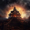 dark gloomy Victorian mansion is on fire on top of a hill. Halloween. Scary mystical house. Fire in the house. Royalty Free Stock Photo