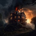 dark gloomy Victorian mansion is on fire on top of a hill. Postcard, template for Halloween. Scary mystical house. Royalty Free Stock Photo