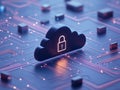 Dark glowing cloud with embedded lock icon and pink circuitry, representing cloud storage security, advanced encryption, and cy