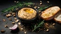 Hyperrealistic Still Life: Hummus With Herbs And Bread On Black Background