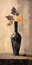 Dark Gold And Black Painting Of Leaves In An Empty Vase