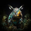 Dark Gold And Cyan Rhino Figurine In The Forest Royalty Free Stock Photo
