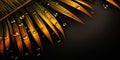 Dark Gold palm leaves and droplet Water dramatic photo effect background, realism, realistic, hyper realistic