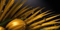 Dark Gold palm leaves and droplet Water dramatic photo effect background, realism, realistic, hyper realistic