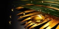 Dark Gold palm leaves and droplet Water dramatic photo effect background, realism, realistic, hyper realistic